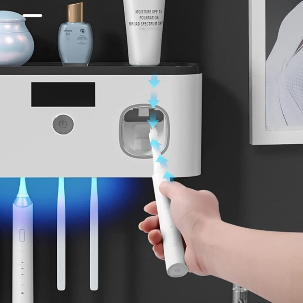 Toothbrush Holder Wall Mount with Toothpaste Dispenser Solar Rechargeable Cordless Space Saving Bathroom Organizer Toothbrush Storage for Bathroom Counter Vanity