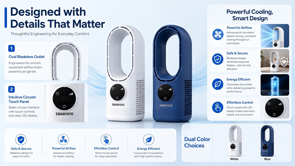 Portable Bladeless Fan USB Tower Fan, Desktop Air Conditioner Fan with Water Mist Cooling, Remote Control, Touch Screen, 7-Color LED Ambient Light and Timer, Personal Cooling Fan for Office, Travel, Camping, Home