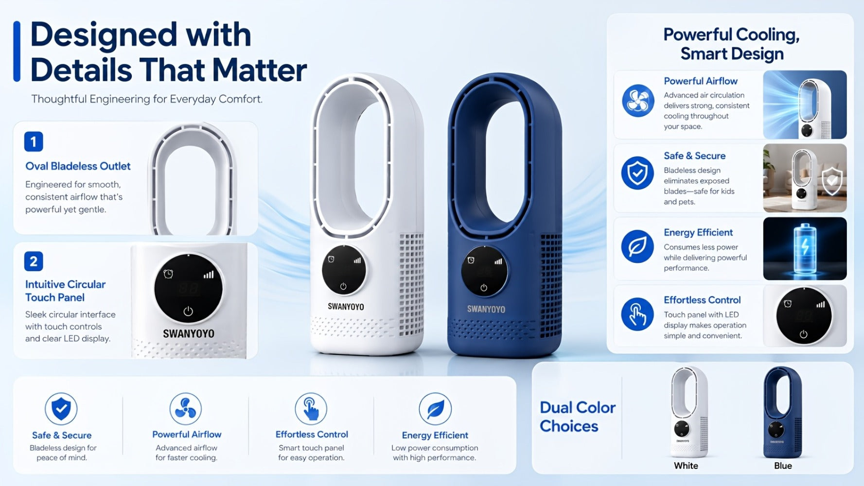 Portable Bladeless Fan USB Tower Fan, Desktop Air Conditioner Fan with Water Mist Cooling, Remote Control, Touch Screen, 7-Color LED Ambient Light and Timer, Personal Cooling Fan for Office, Travel, Camping, Home