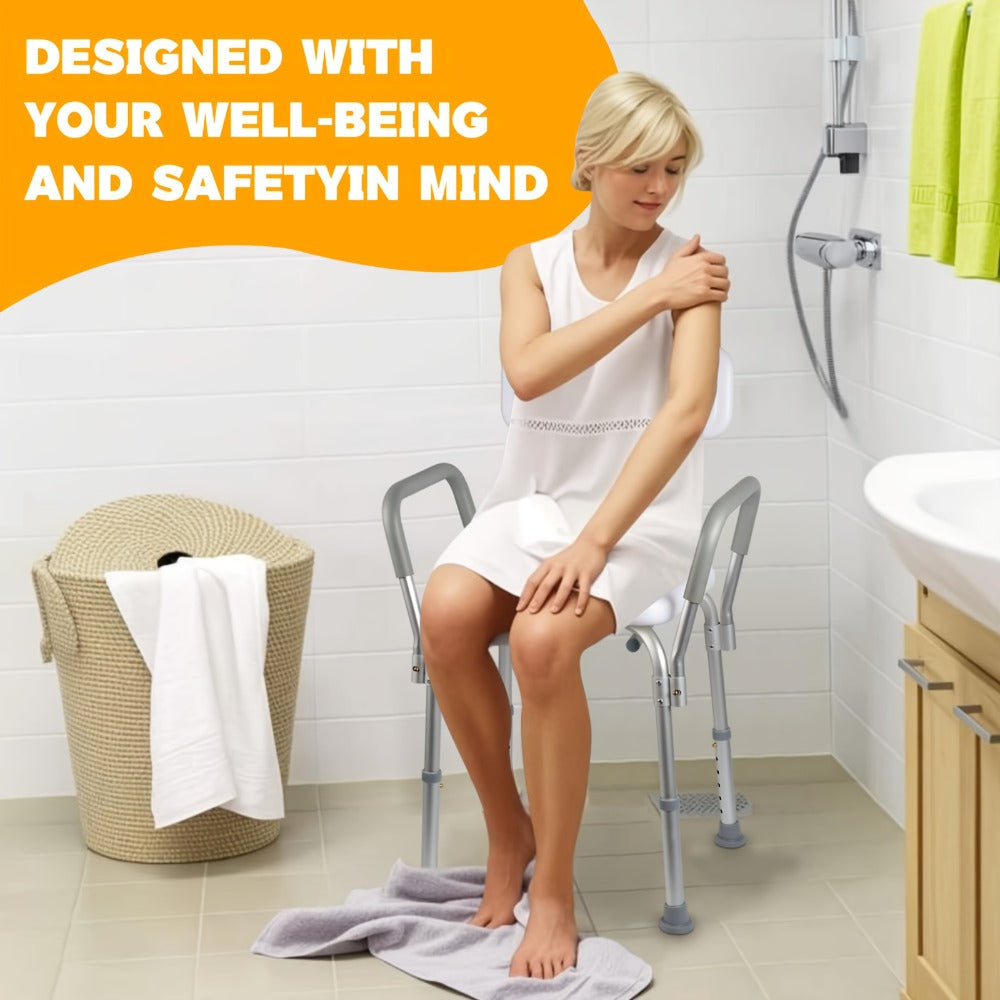 Shower Chair with Armrests & Backrest ¨C Height Adjustable Aluminum Bath Seat, 350 LBS Capacity, Non-Slip Rubber Feet, Cushioned Support for Elderly, Disabled & Post-Surgery, Fits Most Showers & Tubs