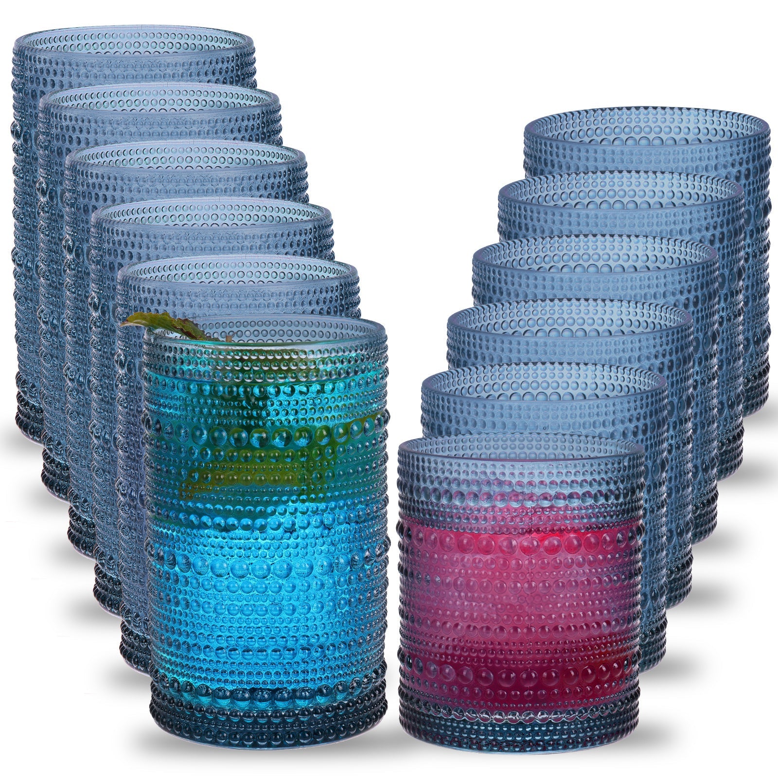 Hobnail Drinking Glasses Set 12pcs ¨C 12oz Highball & 10oz Cocktail Vintage Embossed Boho Glassware for Beer, Juice, Tea, Milk