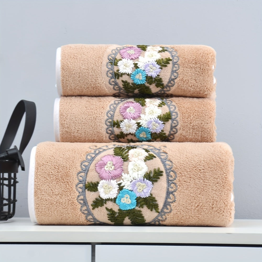 Embroidered Flower Towel Set 3-Piece Soft Absorbent Skin-Friendly Bath Towel and Face Towels for Bathroom Home Bathing Beach
