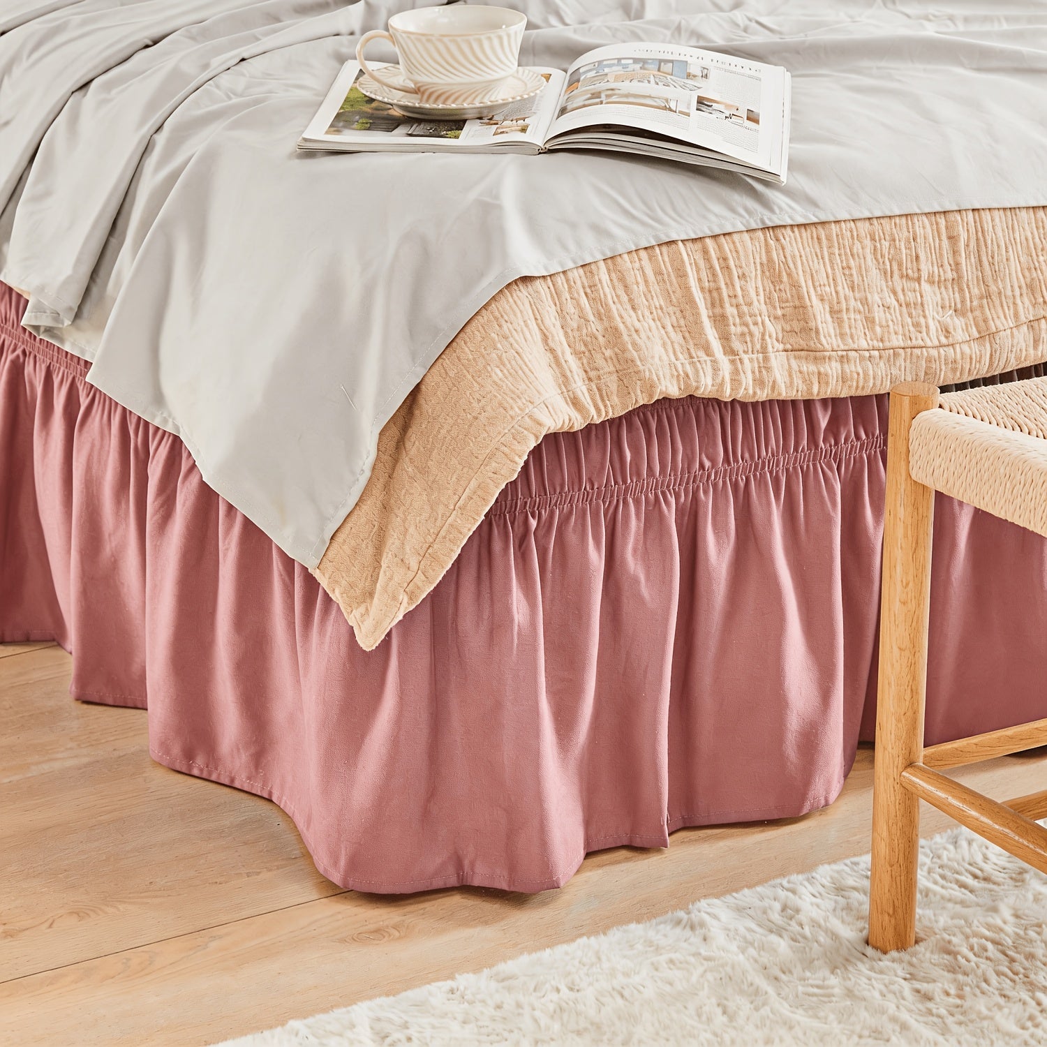 Bed Skirt with Adjustable Elastic Belt - Ruffle Microfiber Dust Ruffle 15 Inch Drop, Hotel Quality, Fade Resistant, Machine Washable, Easy Wrap Fit