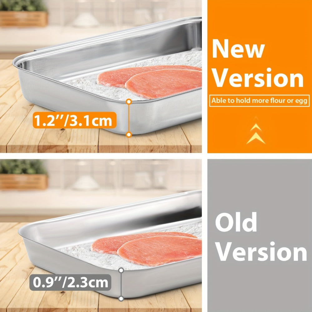 Stainless Steel Breading Tray Set 3-Piece, Food Prep Coating Trays for Breading Chicken Fish Shrimp, Marinating Meat Tray, Oven Safe Baking Tray Set for Kitchen Prep and Holiday Cooking
