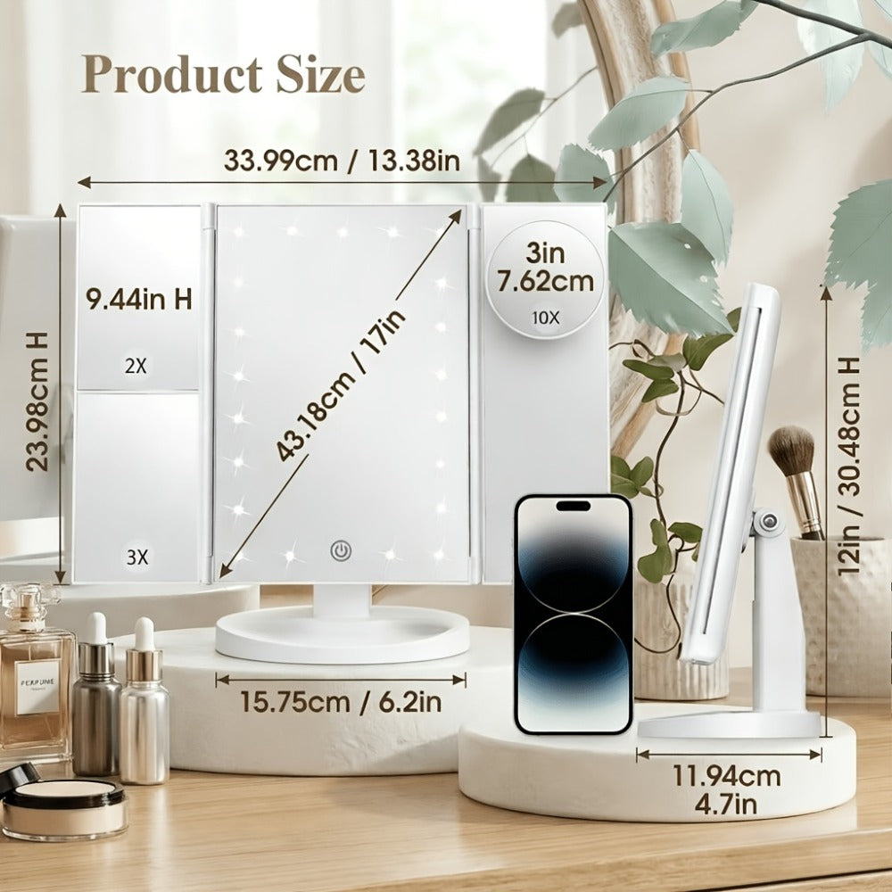 LED Tri-Fold Makeup Mirror with Touch Screen ¨C 1X/2X/3X/10X Magnifying Vanity Mirror, Flexible Adjustable Base, Lighted Travel Mirror for Makeup Desk, Bedroom & Bathroom | Gift for Women