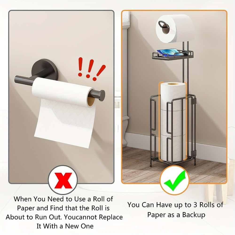 Freestanding Toilet Paper Holder Stainless Steel Stand with 3 Extra Roll Storage Modern Bathroom Organizer