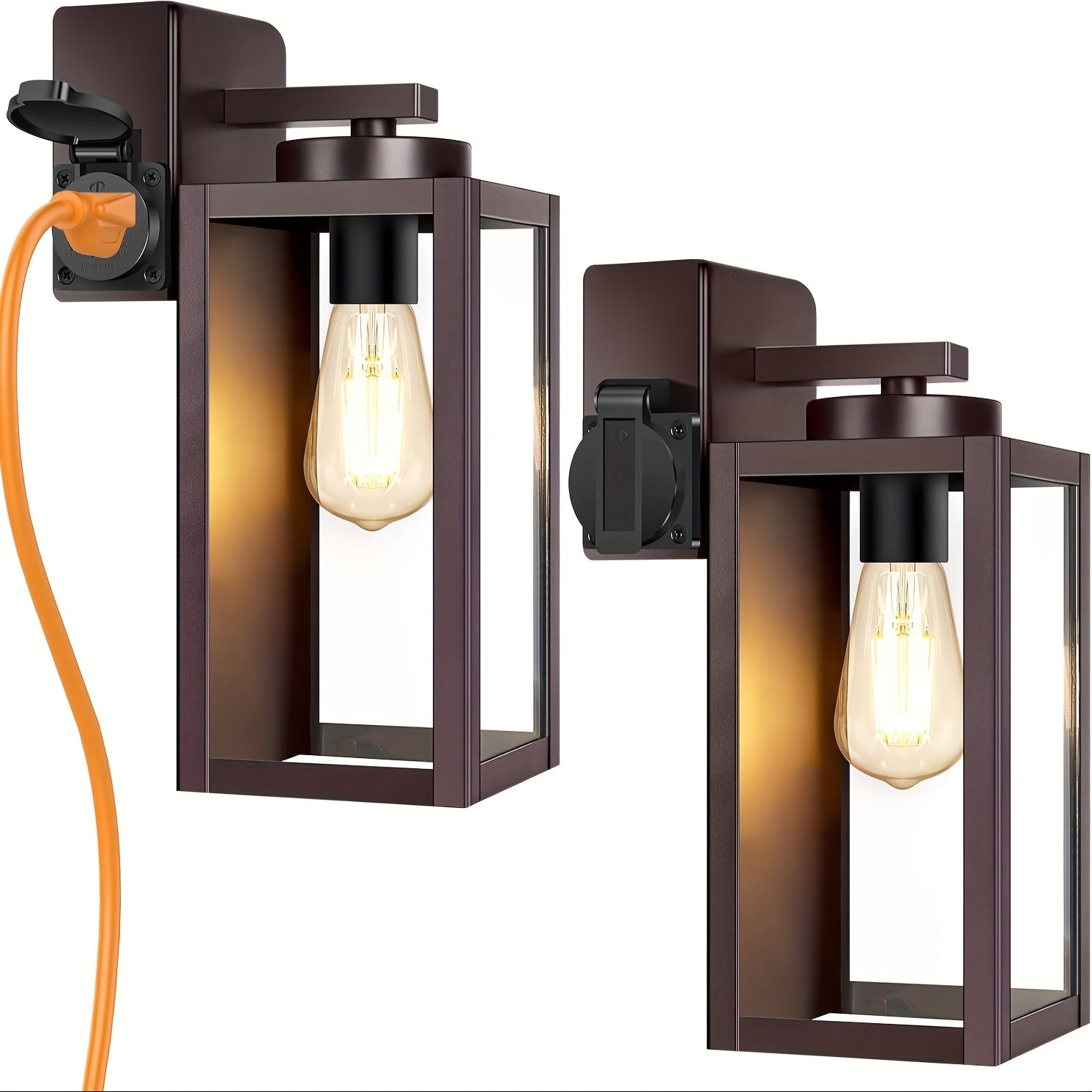 Outdoor Wall Light with Outlet 2-Pack - Modern Exterior Porch Wall Sconce Lighting Fixture for Front Door, Garage & Patio, Weather Resistant, Black & Oil-Rubbed Bronze Finish