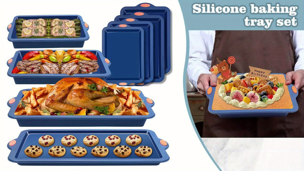 Silicone Baking Pans Set 4-Piece ¨C Nonstick Bakeware with Metal Reinforced Frame, Includes Baking Sheet, Cookie Sheet & Cake Pan with Grips, Oven Safe, Easy Release ¨C Navy Blue & Light Gray
