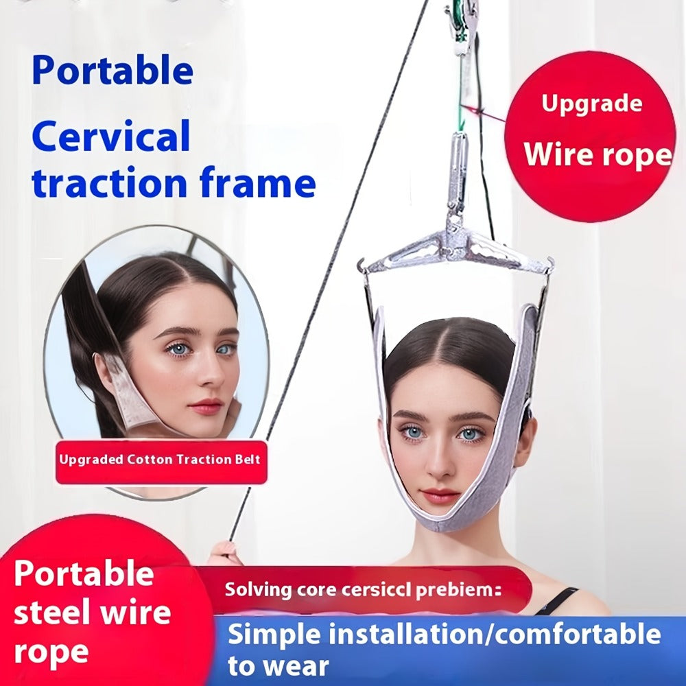 Cervical Traction Device with Handle, Adjustable Neck Traction Belt & Shoulder Massager, Spinal Decompression Pillow for Muscle Tension Relief, Durable Iron & Nylon Home Neck Stretcher
