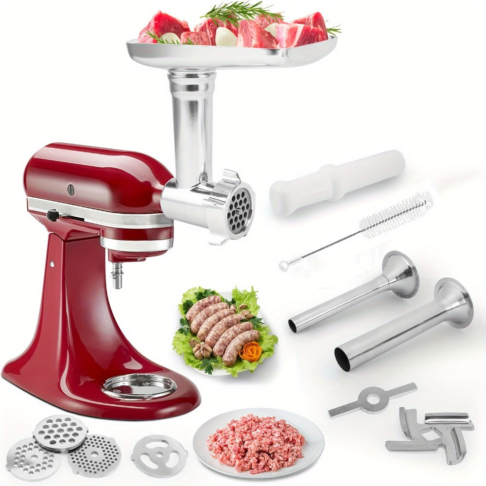 Metal Meat Grinder Attachment for KitchenAid Stand Mixers with 4 Grinding Plates 4 Blades 2 Sausage Stuffer Tubes Holder and Cleaning Brush Food Grinder for All KitchenAid Mixers