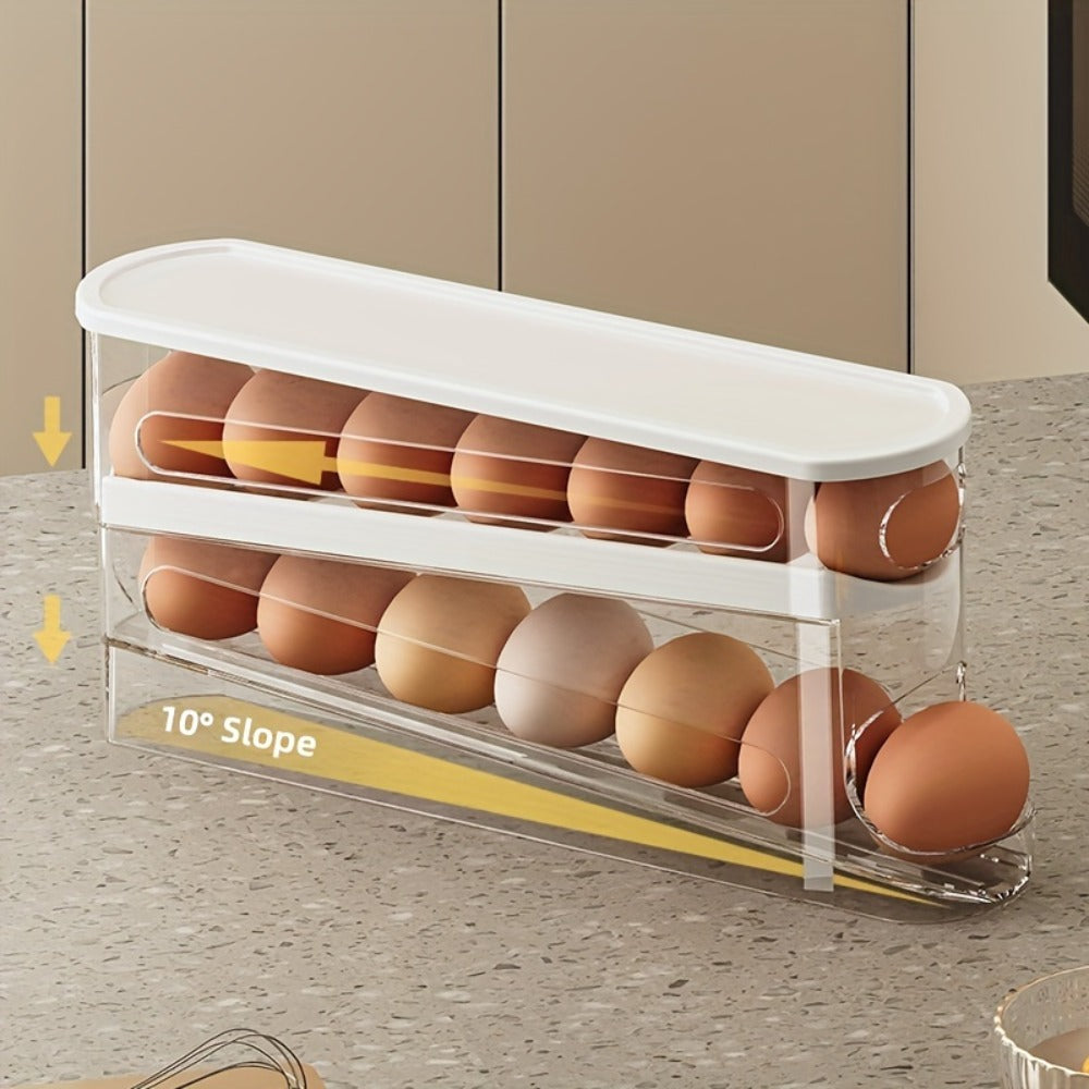 Double Layer Rolling Egg Dispenser Automatic Space Saving Refrigerator Egg Organizer for Cabinet Kitchen Storage Keeps Eggs Fresh White