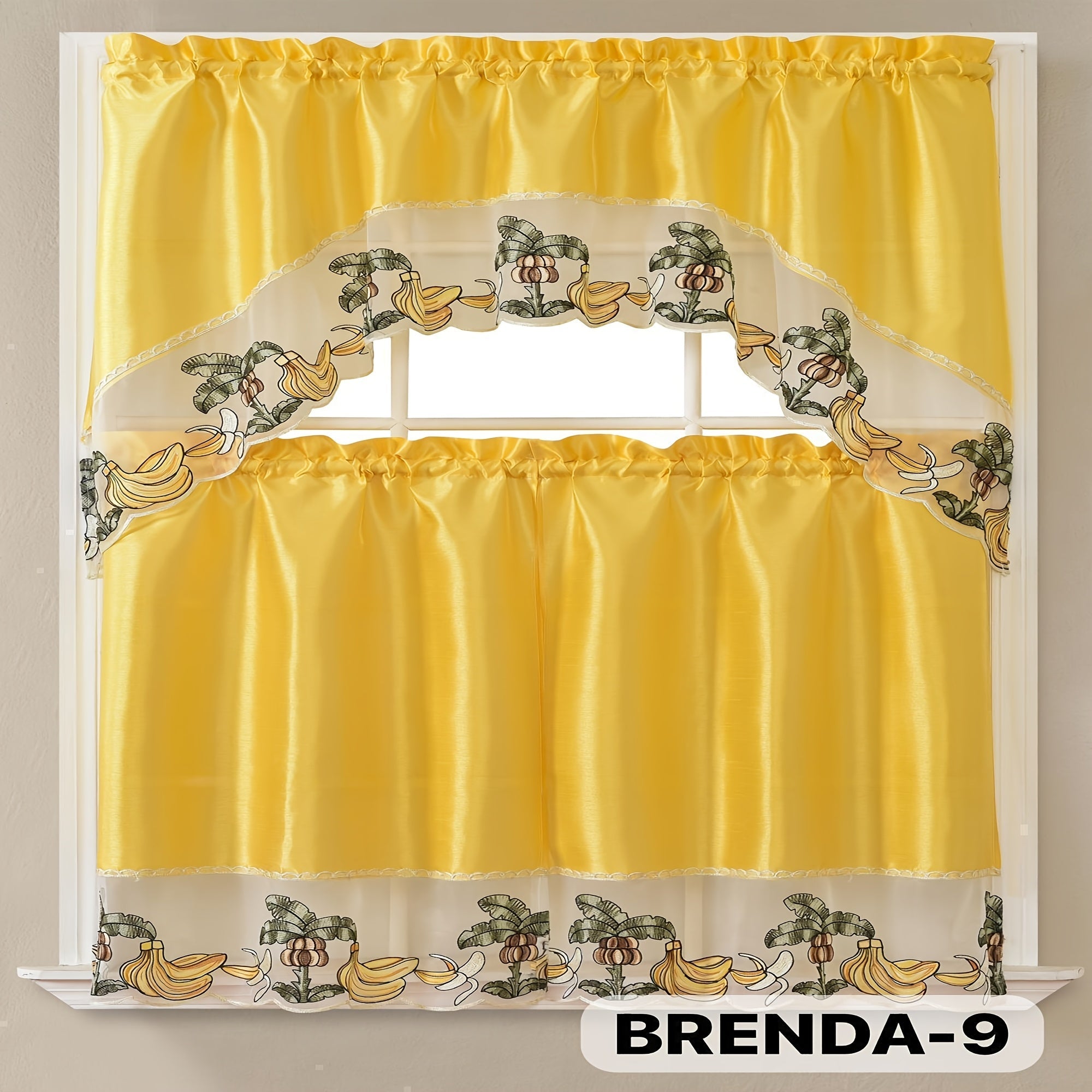 Kitchen Curtains 3 Piece Set Embroidered Satin Valance and Tiers - Rod Pocket Light Filtering Machine Washable 46 Colors Available All Season Home Decor