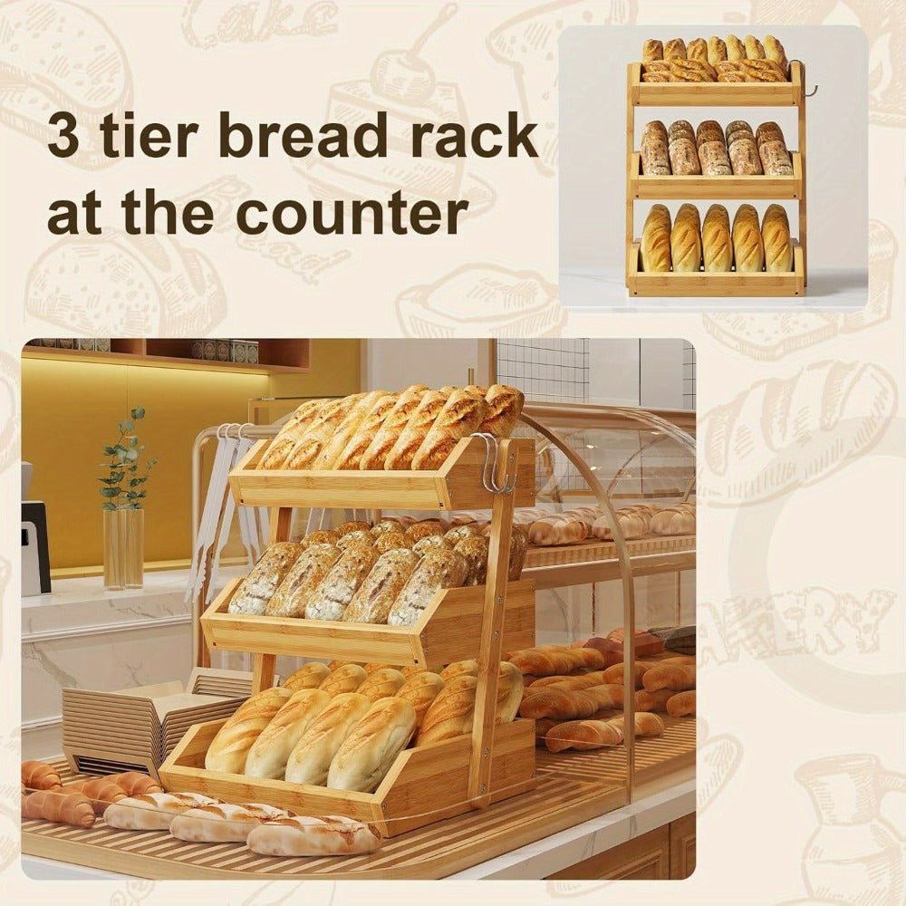 Bamboo Fruit Storage Rack 2-3 Tier with Hooks, Kitchen Counter Organizer for Fruits Vegetables Bread Spices, Freestanding Shelf Basket Display Stand