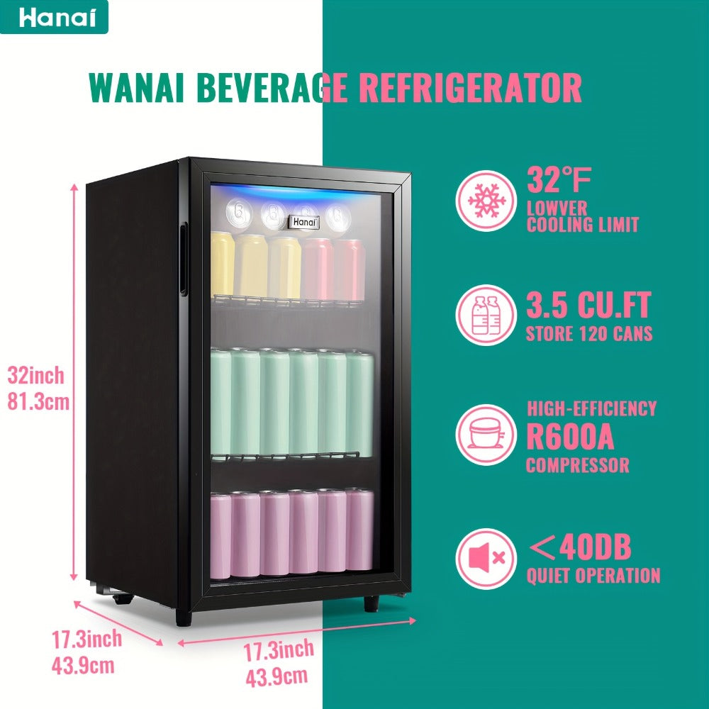 Beverage Refrigerator with Glass Door, Mini Drink Cooler Fridge with Blue LED Light, 3 Adjustable Shelves & R600a Compressor ¨C 1.7 or 3.5 Cu Ft Freestanding Bar Fridge for Home, Office, Dorm and Bar