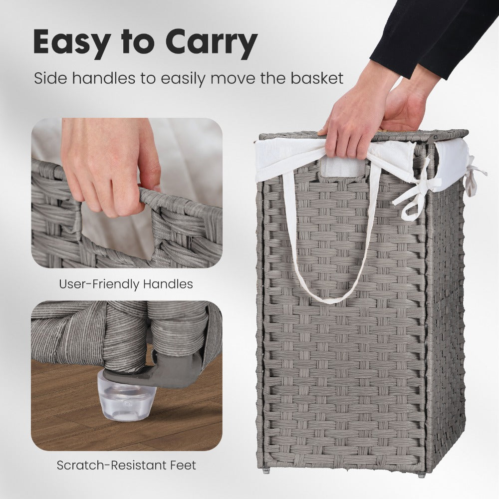 Laundry Hamper with Lid Large Capacity Woven Rattan Storage Basket, Collapsible Clothes Hamper with Handles & Removable Liner, Foldable Breathable Wicker Basket for Bedroom Home Dorm, 2 Sizes