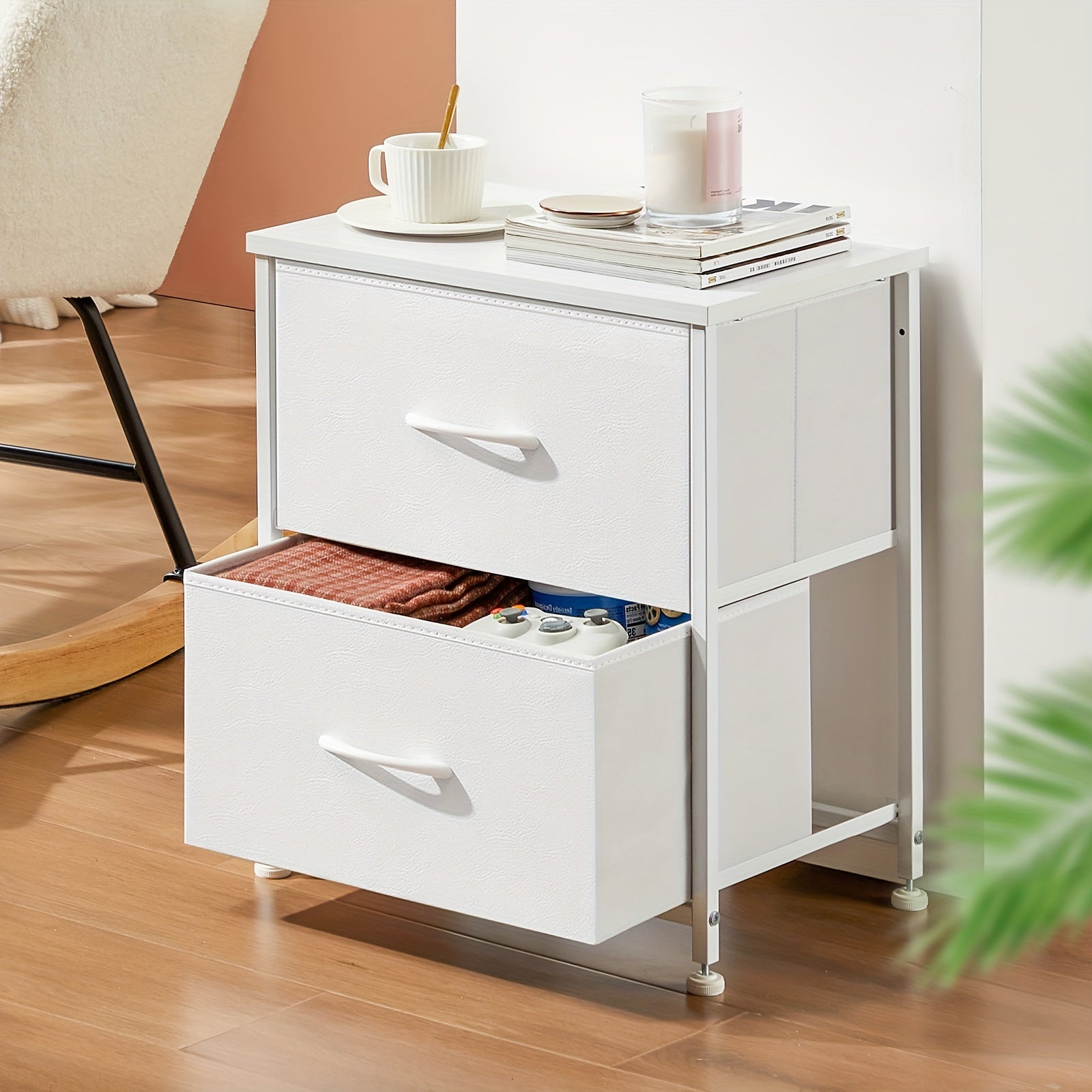 Nightstand with 2 Storage Drawers, 20¡± Bedside Table with Wooden Top & Fabric Cabinet, Steel Frame Mini Dresser for Bedroom, Dorm, Living Room ¨C 1pc or Set of 2pcs, Black White Grey Rustic Brown