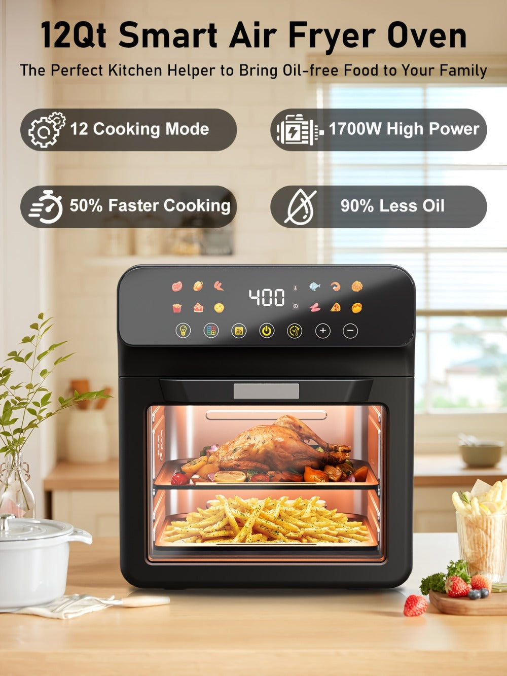 Air Fryer Convection Oven 12QT ¨C 12-in-1 Multi-Function, Touchscreen, Visible Window, Oil-Free Non-Stick Basket, One-Touch Operation, Baking, Roasting, Dehydrating & Fast Cooking