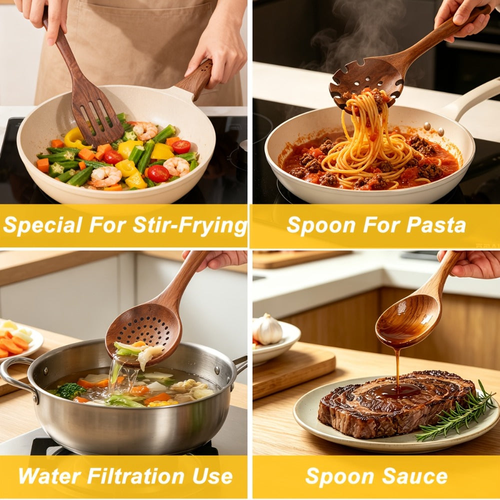 Wooden Spoons for Cooking 10 Pcs ¨C Teak Wood Kitchen Utensils Set, Non-Stick Safe Spatulas & Spoon Cooking Tools