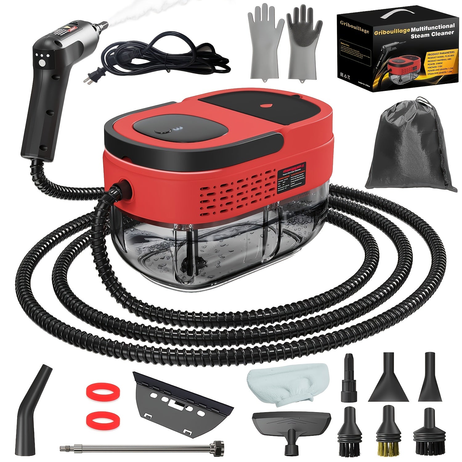 High Pressure Steam Cleaner Handheld 1.6L Large Tank 3-Level Adjustable Handle for Home Car Detailing Bed Bugs Couch Grout Furniture