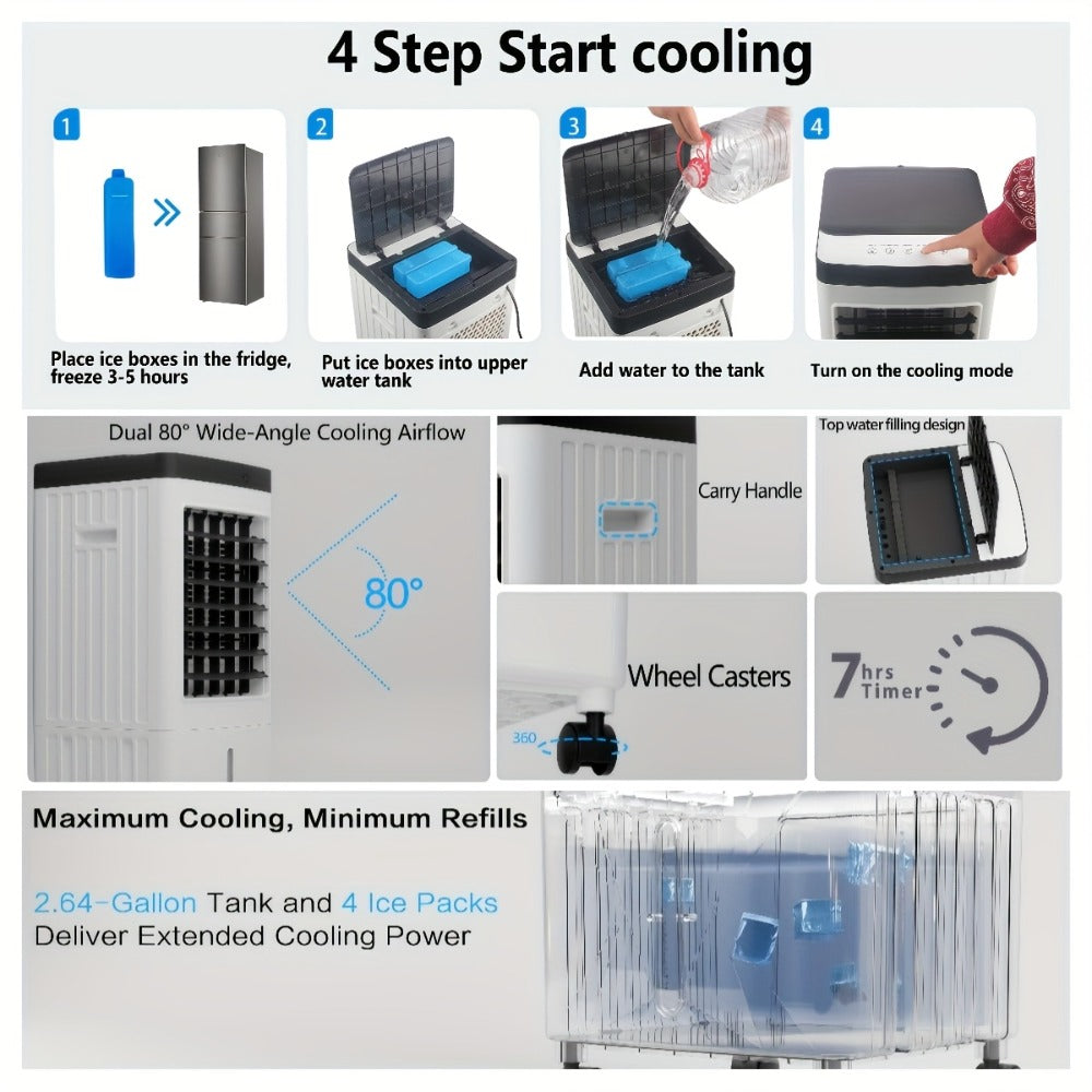 Portable Air Conditioner Evaporative Air Cooler with Remote, 40Hrs Cooling, 2.6 Gal Tank, 3 Speeds, Windowless AC Unit for Room, Personal Space Cooler Fast Cooling