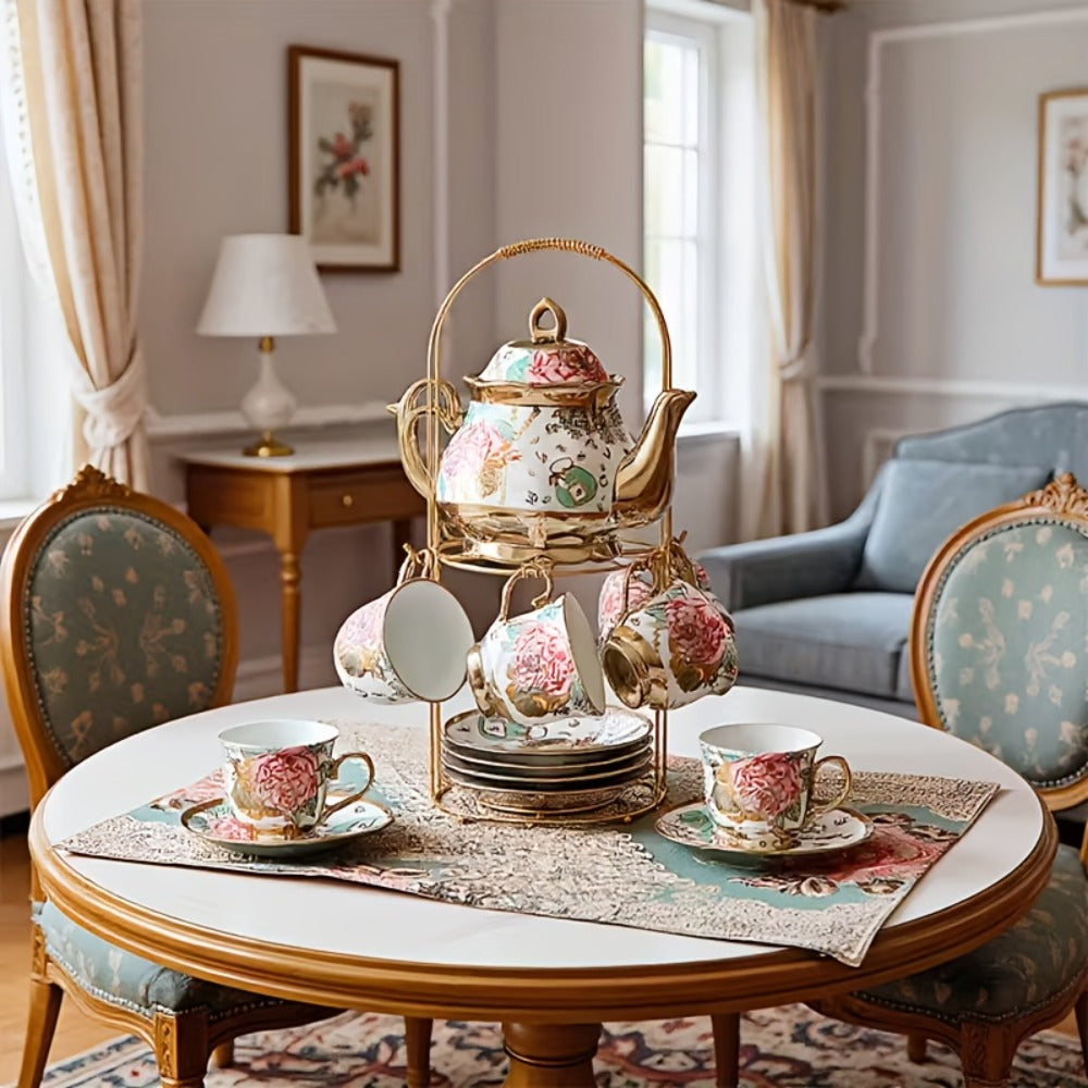 European Floral Ceramic Tea Set 20 Pcs ¨C Italian Style Afternoon Tea Set with Metal Stand ¨C Blooming Pattern Teapot & Cups ¨C Elegant Gift for Tea Lovers & Special Occasions ¨C Golden