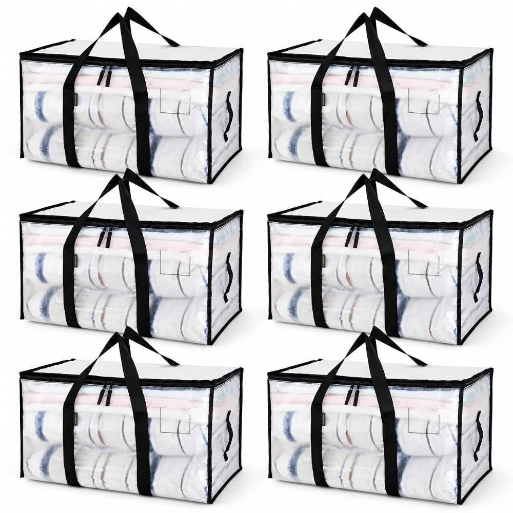 Heavy-Duty Moving Bags Set of 6 ¨C Oversized Storage Totes with Reinforced Handles & Snap-Close Lid, Space Saver Bags for Clothes, Quilts & Moving Supplies, Transparent