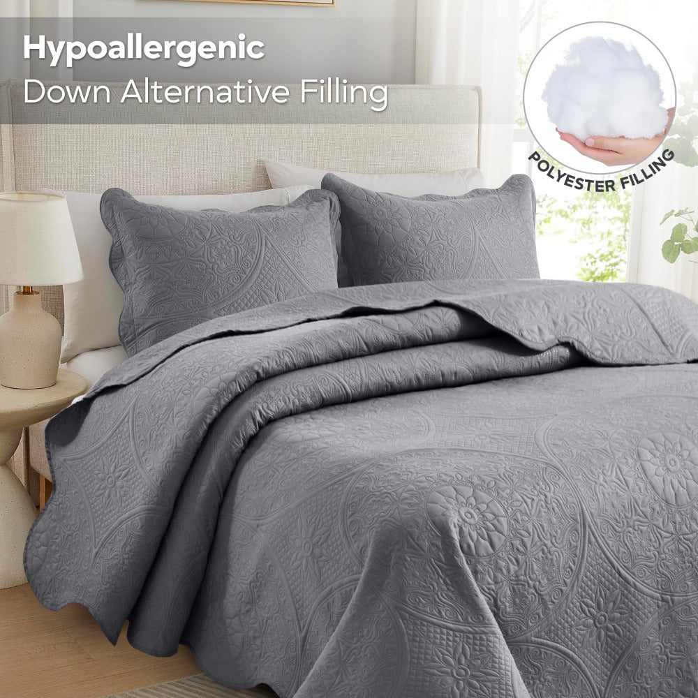 Quilted Bedspread Set 3 Piece ¨C Soft Floral Coverlet with Pillow Shams, Lightweight Breathable Quilt for Bedroom & Guest Room, All Season Bed Cover