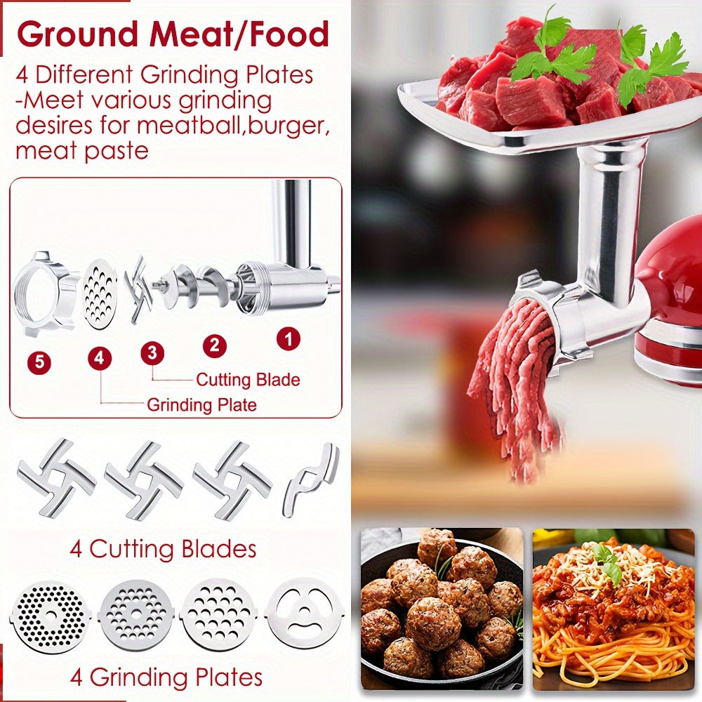 Metal Meat Grinder Attachment for KitchenAid Stand Mixers with 4 Grinding Plates 4 Blades 2 Sausage Stuffer Tubes Holder and Cleaning Brush Food Grinder for All KitchenAid Mixers