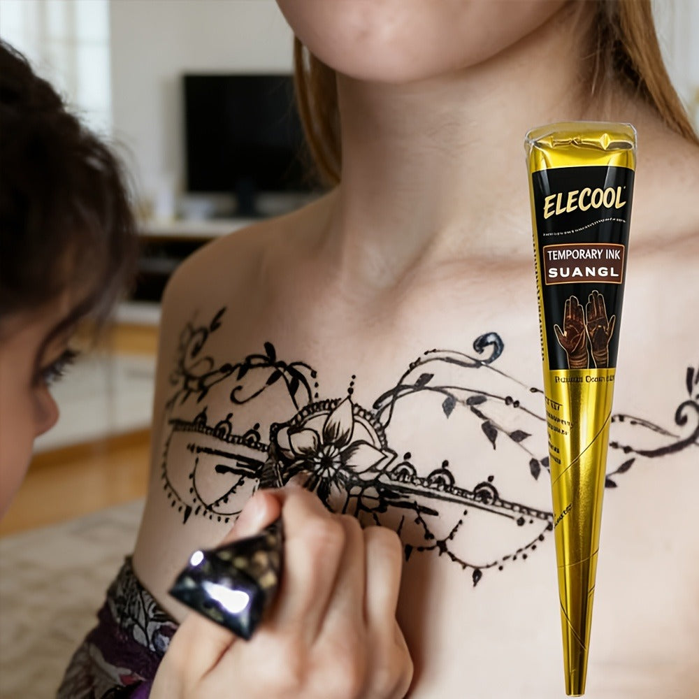 Temporary Semi-Permanent Tattoo Paste Kit - Waterproof Body Art Gel in Brown & Black with Tattoo Templates, Safe Non-Irritating Henna-Style Ink for Parties, Festivals, Cosplay & Daily Decoration