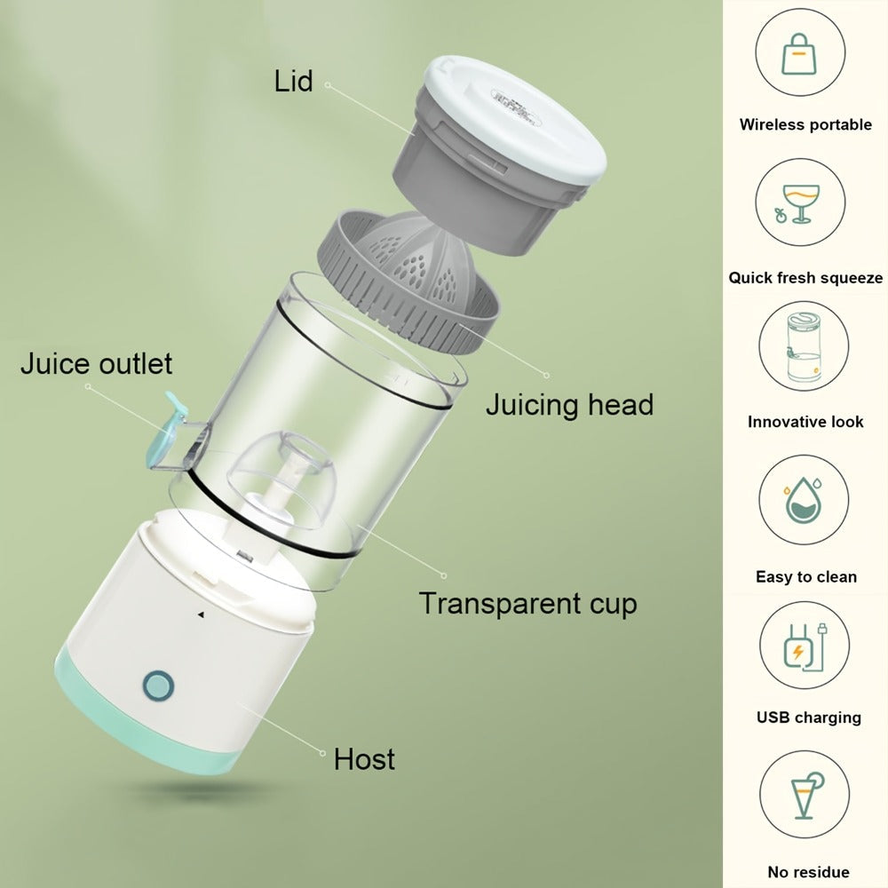 Rechargeable USB Electric Citrus Juicer Portable Citrus Press for Oranges Lemons Grapefruit Kiwi Removable Parts Pulp Separation Compact Juice Maker for Travel Home Green