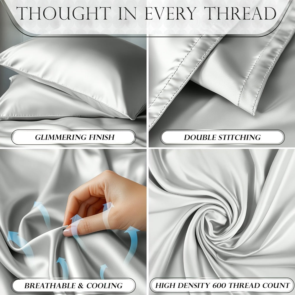 Satin Bed Sheet Set 4-Piece, Cooling Silky Soft Microfiber Sheets with Deep Pocket Fitted Sheet, Flat Sheet & 2 Pillowcases, Breathable Lightweight Bedding for Twin Full Queen King