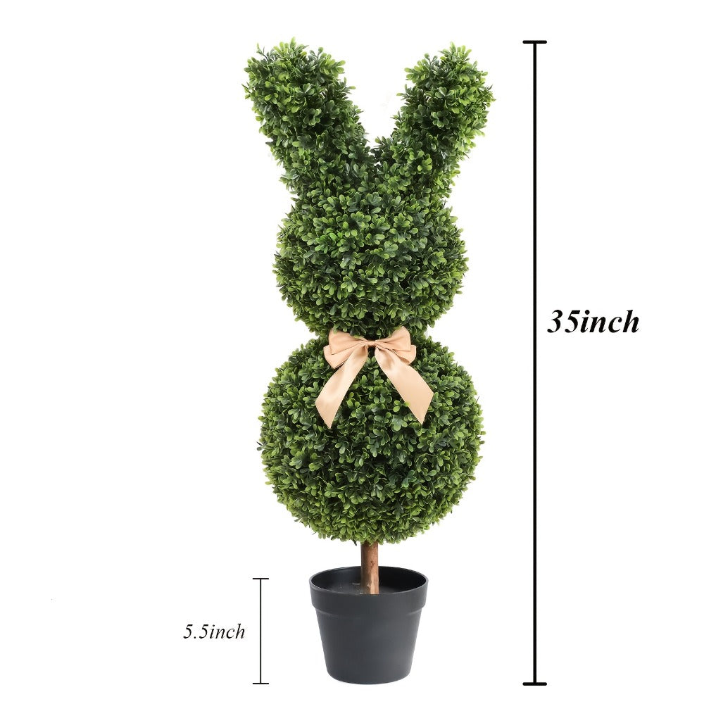 Artificial Boxwood Bunny Topiary 2-Pack | 3Ft Faux Rabbit Garden Statue with Bow, Indoor Outdoor Easter Spring Porch Decor, Lifelike Greenery Sculpture with Planter