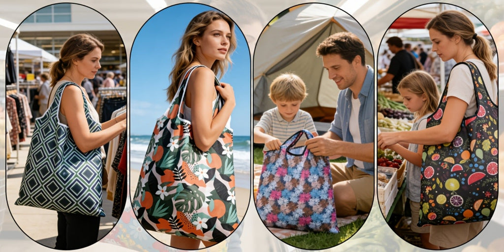 Reusable Grocery Bags Foldable Nylon Tote Bags Waterproof Washable Eco-Friendly Shopping Bag Set with Cute Floral Stripe Polka Dot Leopard Print 18/36pcs