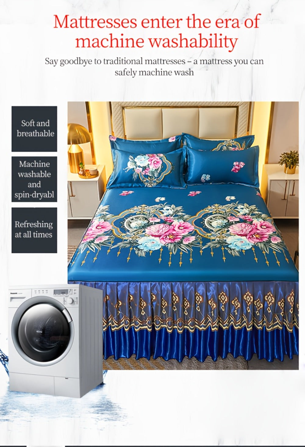 Floral Ruffle Bed Skirt Cool Mat 3 Piece Set with Pillowcase, Double Layer 360¡ã Full Wrap Washable Cooling Mattress Cover, Breathable Summer Bedding Set for Twin Full Queen King, Parisian Romantic Floral