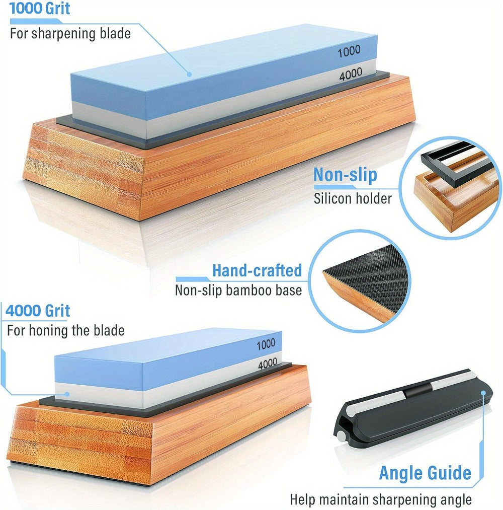 Knife Sharpening Stone 1000/4000 Grit Whetstone Set with Non-Slip Bamboo Base and Angle Guide - Dual Grit Whetstone Knife Sharpener for Kitchen Knives Chef Blades Scissors