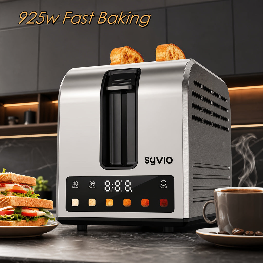 Toaster 2-Slice Stainless Steel Smart Touchscreen ¨C 5 Bread Types, 6 Browning Levels, Wide Slots, Temperature Control, Removable Crumb Tray, Compact Kitchen Toaster