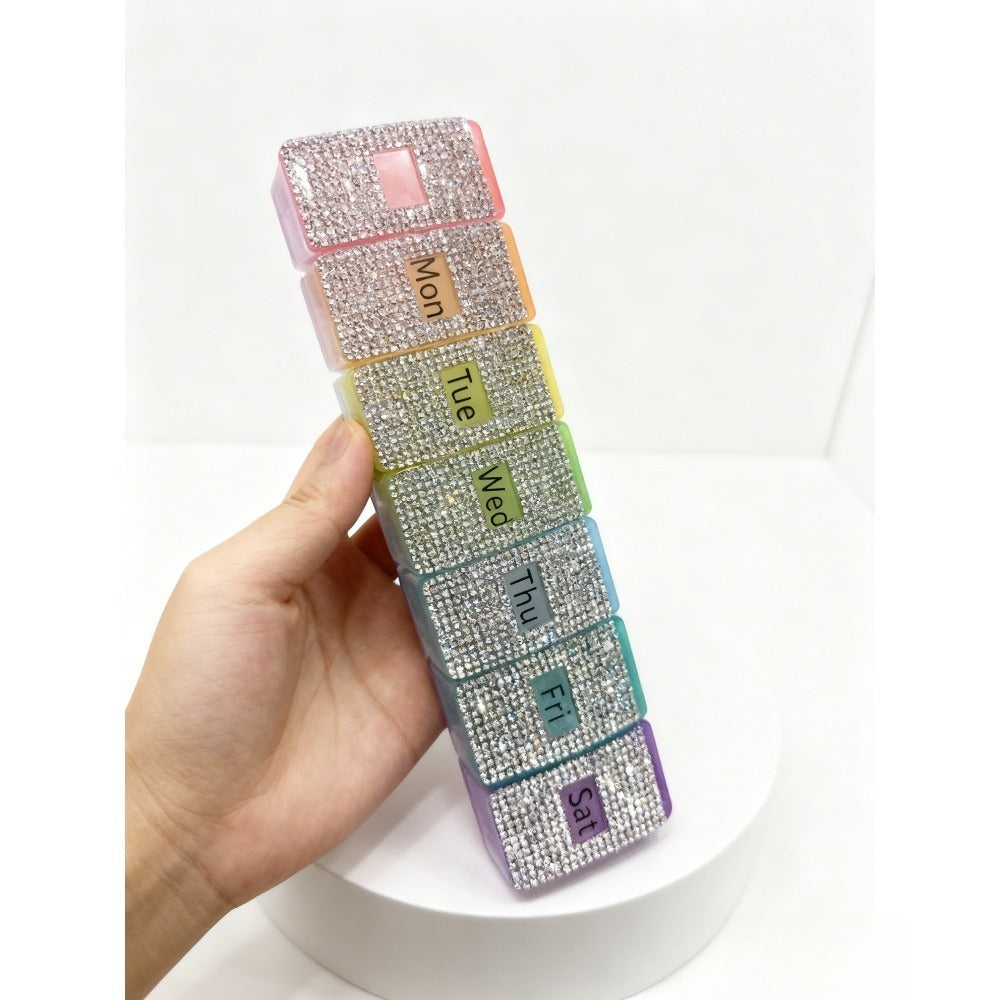 Pill Organizer Weekly 7-Compartment | Sparkly Rhinestone Travel Pill Case with Color-Coded Daily Slots | Monday to Sunday Pill Box for Vitamins, Supplements & Medication | Cute Portable Medicine Organizer