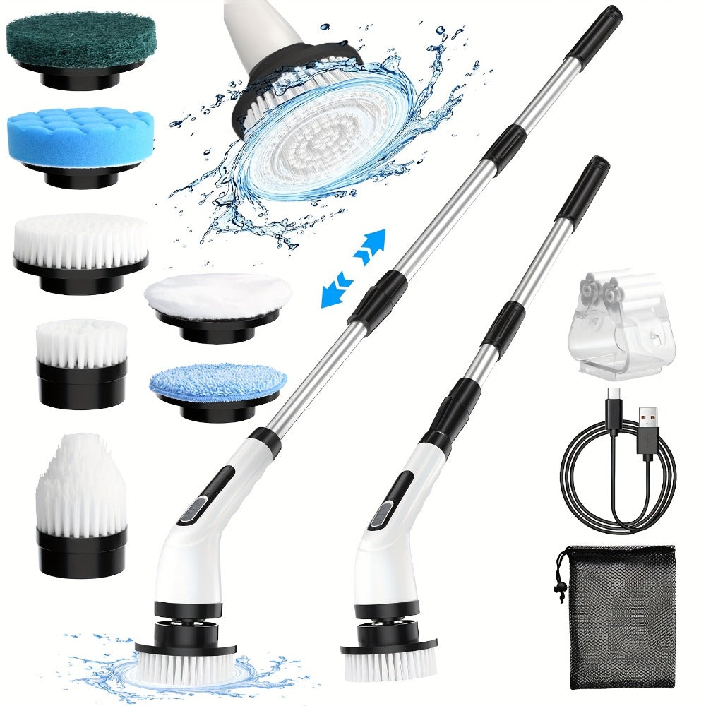 Electric Spin Scrubber with 7 Brush Heads & Adjustable Handle ¨C Dual-Speed Cordless Power Scrubber for Bathroom, Tub, Tile, Floor & Shower Cleaning