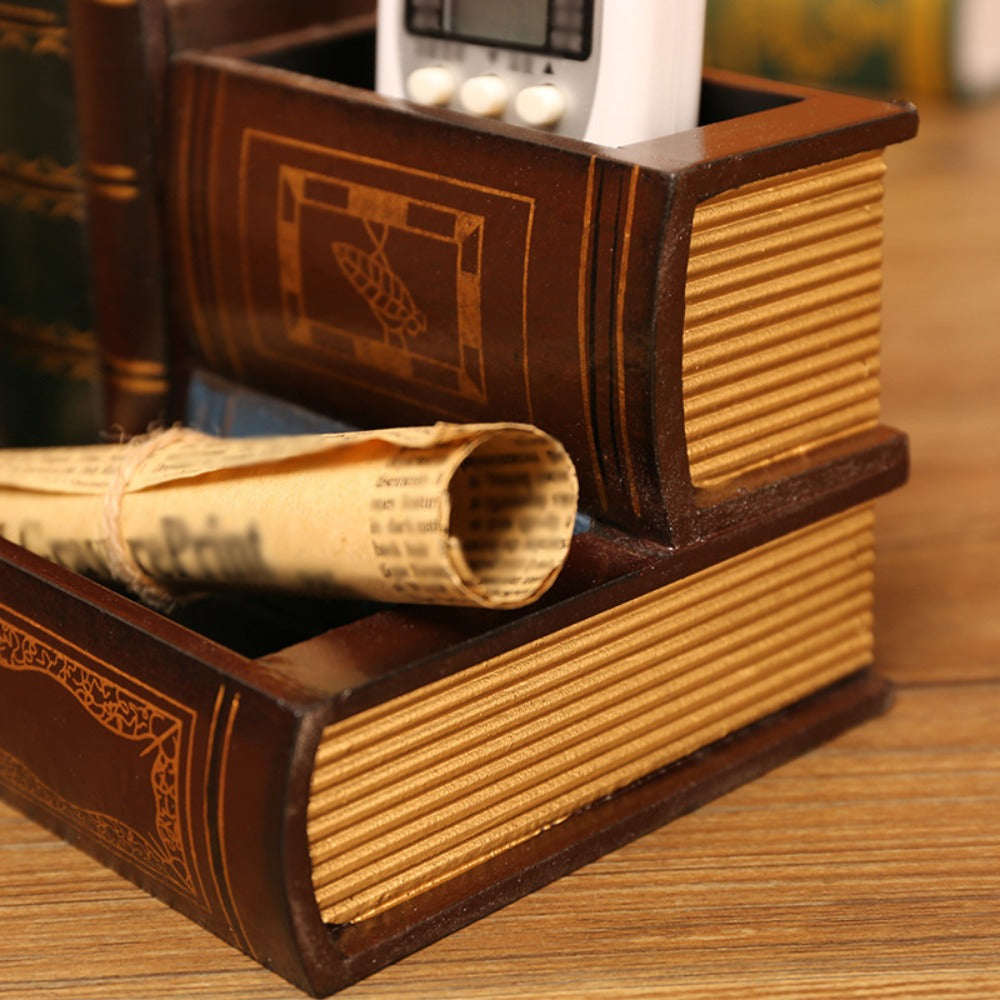 Wooden Pen Holder with Drawer Book-Shaped Desk Organizer, Vintage Retro Wood Desktop Storage Box with Hidden Drawer for Pens Pencils Remote Control, Decorative Office Home Study Room Gift