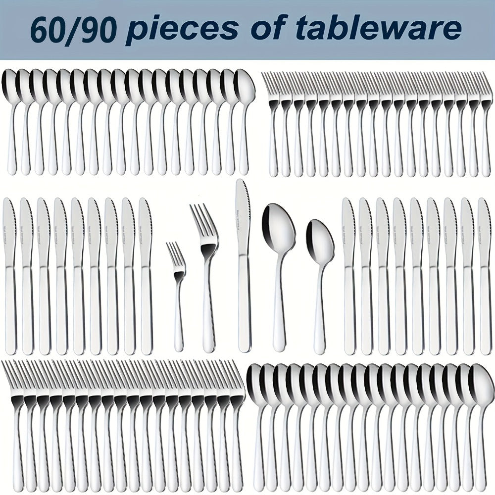 Stainless Steel Silverware Set 60 or 90 Piece with Gift Box ¨C Service for 12 or 18, Includes Steak Knives, Salad Forks & Dessert Spoons, Dishwasher Safe Cutlery for Home, Wedding & Outdoor