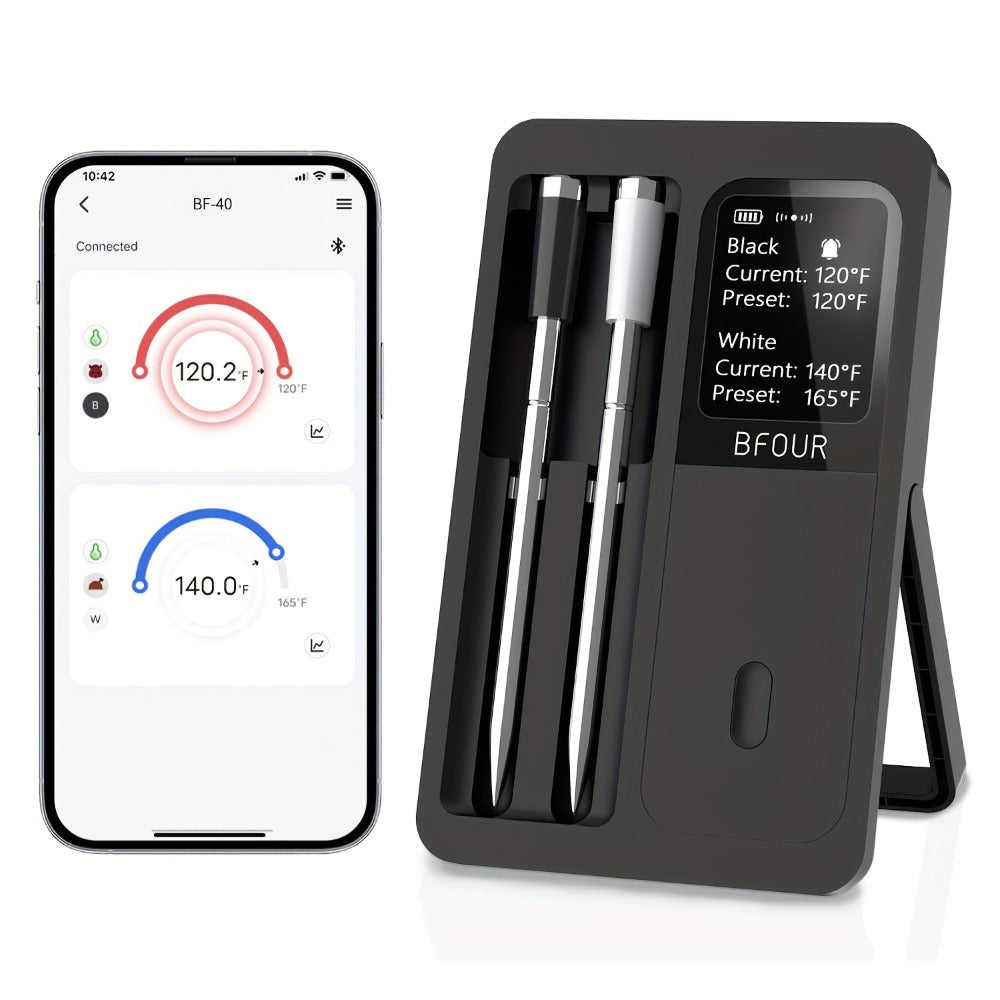 Wireless Meat Thermometer with Dual Probes USB Rechargeable | 2-Probe Digital BBQ Thermometer for Smoker Oven Grill Kitchen | 304 Stainless Steel Food Safe | iOS & Android App Compatible