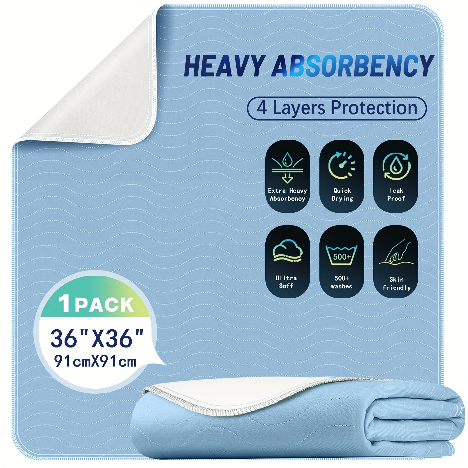 Washable Reusable Underpads 36x36 Inch Extra Heavy Absorbency Waterproof Bed Pads for Adults Kids and Elderly Quick Drying Leak-Proof Mattress Protector Pee Pads for Dogs and Puppies Couch Sofa Floor Protection