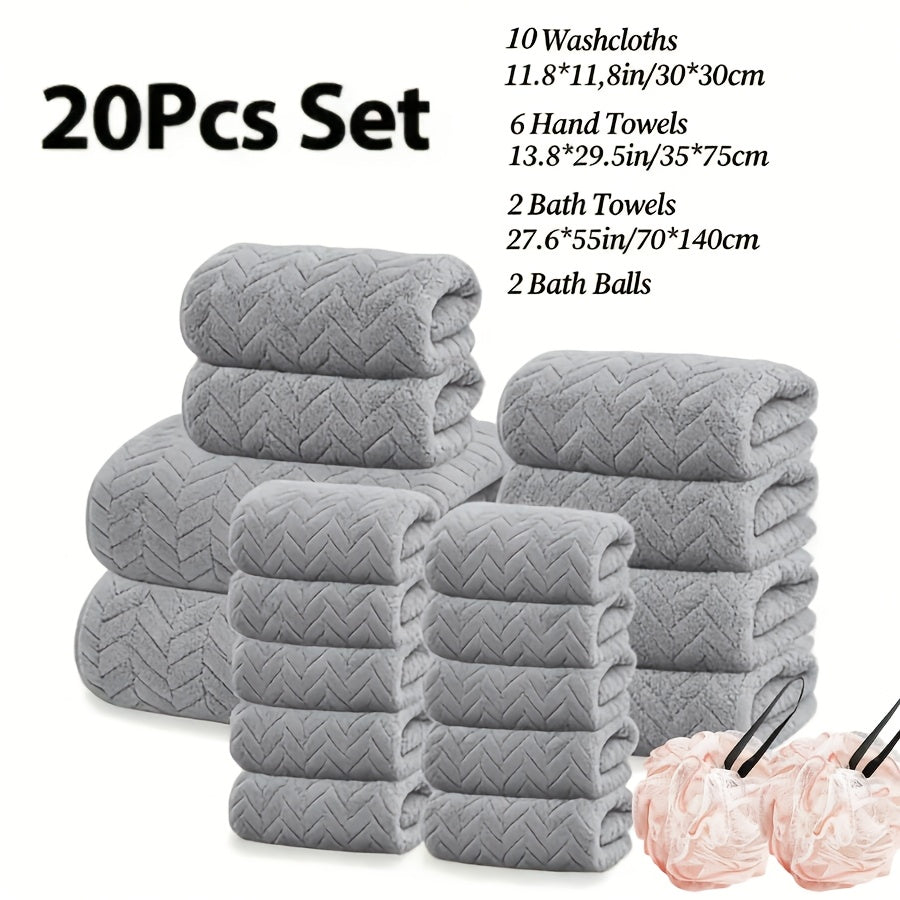 Microfiber Bath Towel Set 18/20pcs - Coral Fleece Absorbent Quick Dry Soft Large Bath Towels for Home Bathroom Spa Gift with Washcloths Bath Ball