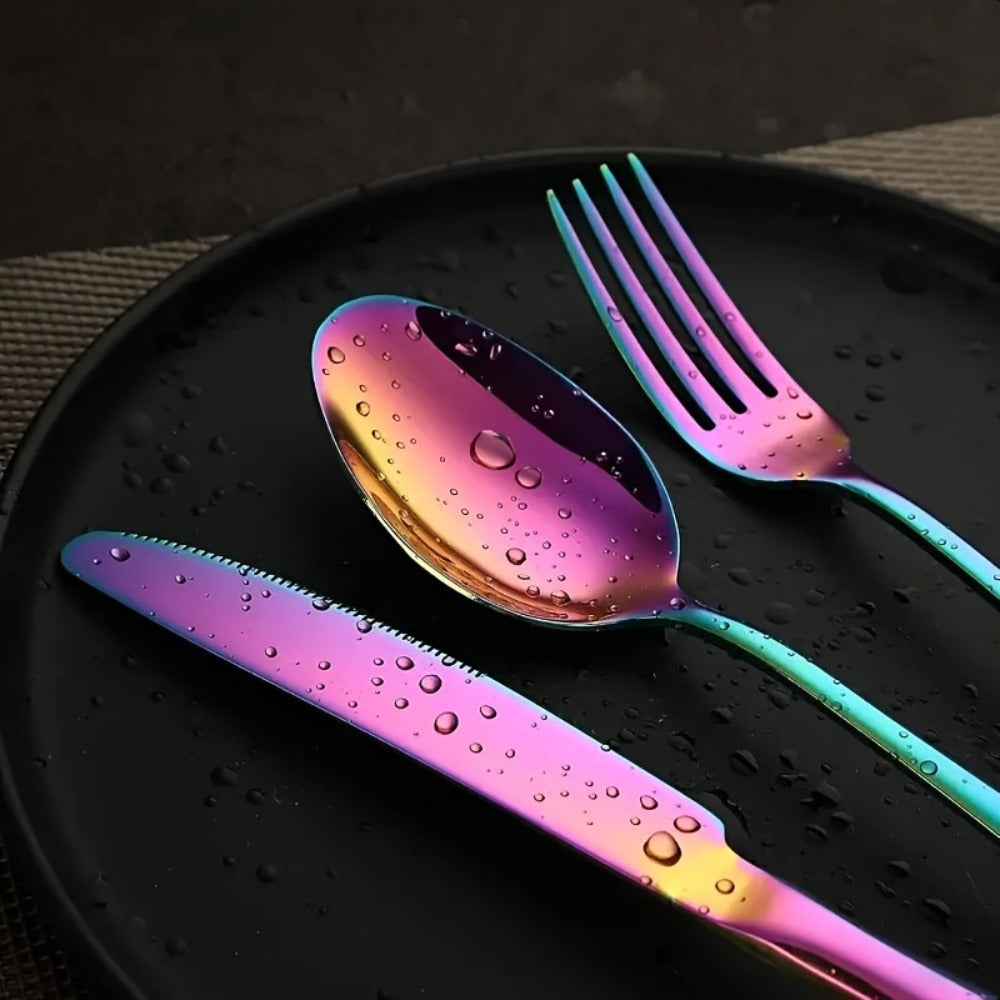 Camping Tableware Set Stainless Steel Rainbow Plates Bowls Cups with Forks Spoons Knives Lightweight Outdoor Dinnerware Kit for Family Picnic Backpacking Hiking