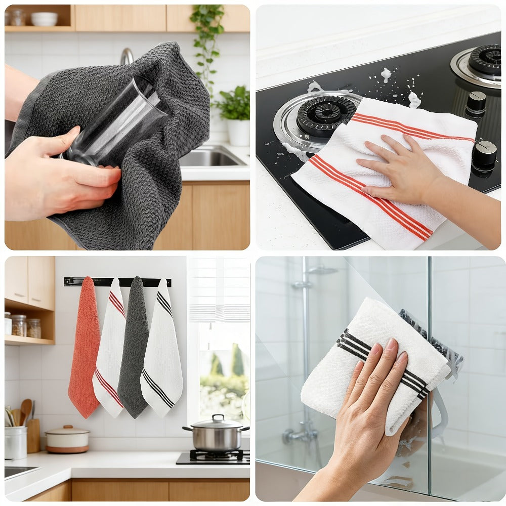 Cotton Kitchen Dish Towel Set 12pcs | 6 Hand Towels 15¡±x25¡± & 6 Wash Towels 12¡±x12¡± | Striped Weave Absorbent Durable Towels for Cooking Cleaning Drying