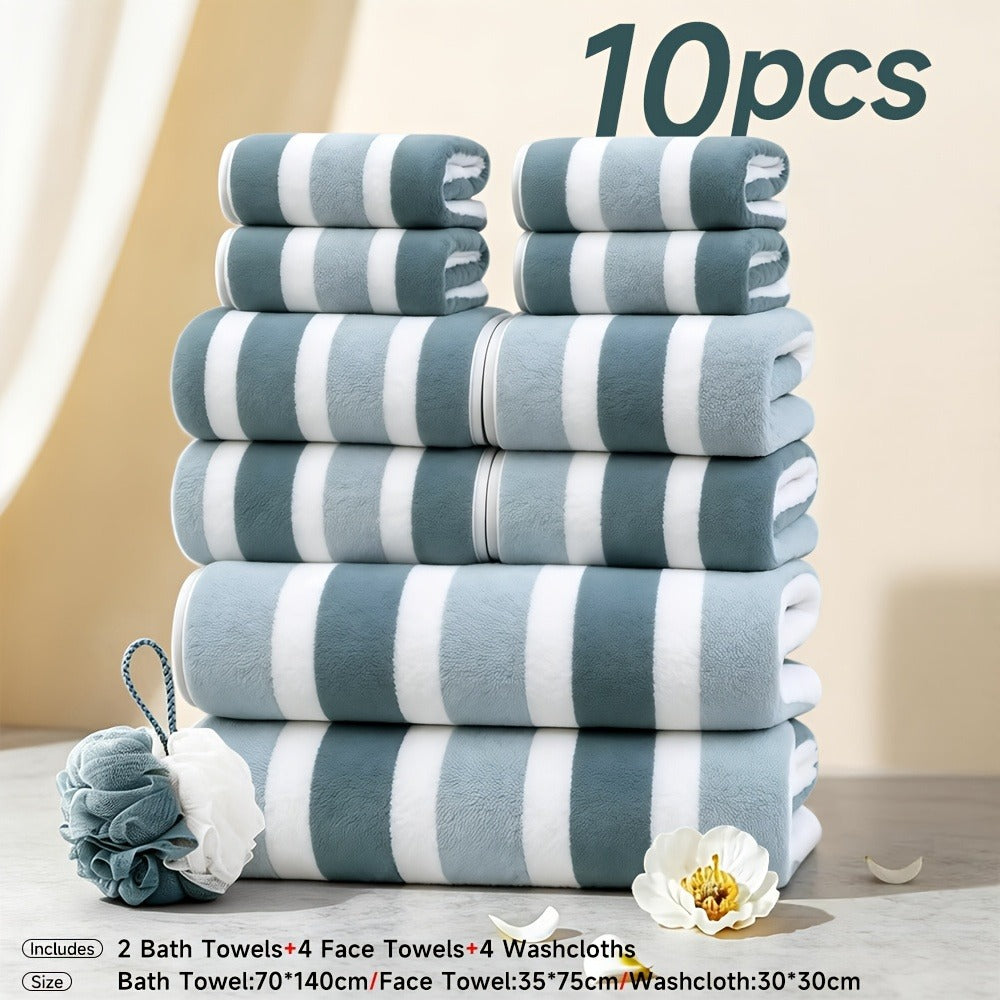 Microfiber Towel Set No Hair Loss Five-Star Hotel Standard - Ultra Soft 100% Polyester Two-Color Striped | 10pcs 3pcs 1pc | Green Brown Gray Red Blue | Bath Face Hand Towels with Bath Ball