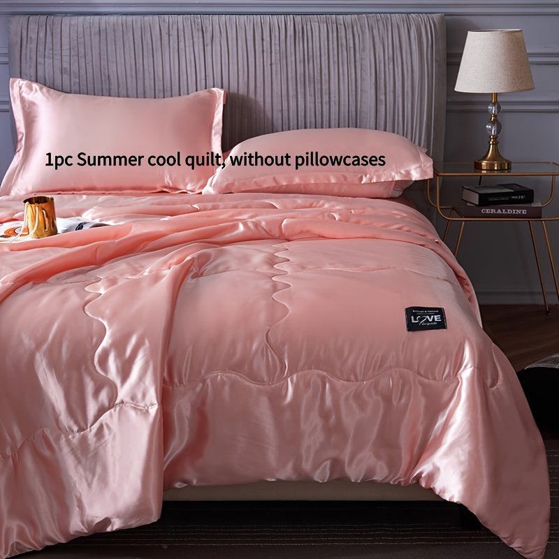 Cooling Satin Quilt Summer Comforter Ultra-Soft Breathable Lightweight Blanket, Machine Washable Satin Weave Bedspread for Home Dorm Hotel, Twin Full Size, White Silvery Grey Pink Lake Blue