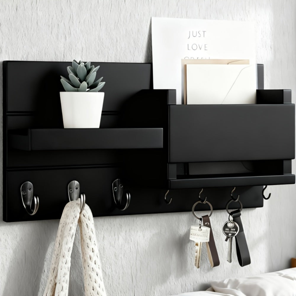 Wall Mounted Storage Rack with Mail Slot ¨C Rustic Wood Floating Shelf with Hooks for Keys, Hats & Envelopes, Decorative Organizer for Entryway, Porch, Bedroom, Bathroom & Living Room