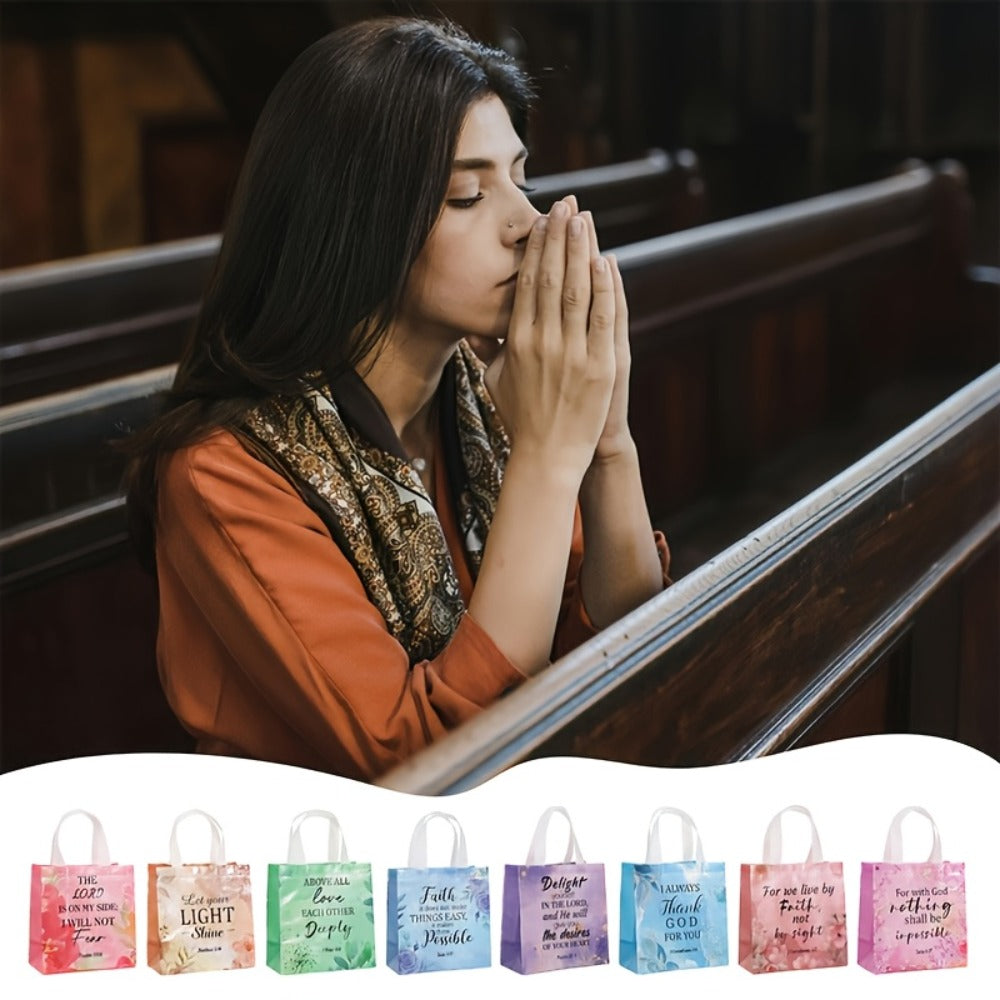 Religious Gift Bags with Handles Bulk 32 or 64 Pcs Bible Verse Flower Designs Reusable Non-Woven Tote Bags for Church Wedding Birthday Party Women Girls