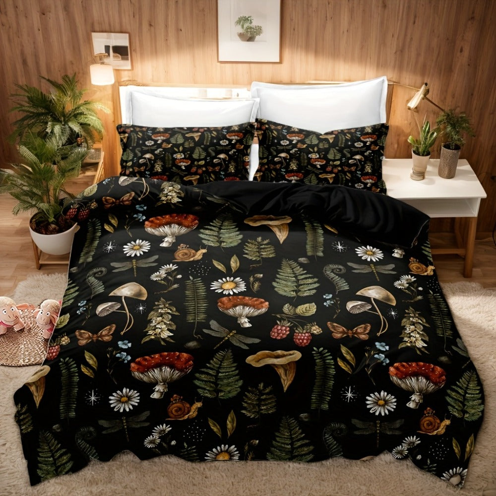 Duvet Cover Set 3-Piece Forest Mushroom Pattern ¨C Soft Polyester Bedding with Zipper Closure, Twin Full Queen King ¨C Bedroom & Guest Room